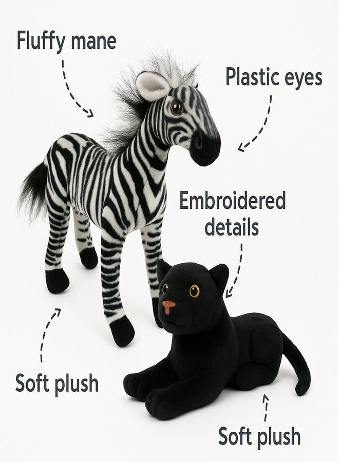 DTR Creation Zebra (30cm) & Black Panther (25cm) Soft Toy Combo - 2 Wild Animal Plush Toys for Kids | Soft & Huggable | Realistic with Fluffy Mane & Embroidered Details | Boys & Girls - Image 4